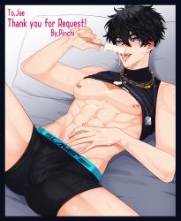 Rule 34 | 1boy, abs, absurdres, bare shoulders, black hair, black male underwear, black shirt, black tank top, blue eyes, briefs, chain, chain necklace, commission, food, highres, ice cream, indie virtual youtuber, jae (vtuber), jewelry, male focus, male underwear, muscular, muscular male, necklace, nipples, open clothes, open shirt, pillow, pinchi, shirt, short hair, spread legs, tank top, tongue, tongue out, underwear, virtual youtuber