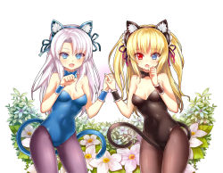 Rule 34 | 10s, 2girls, :d, :o, animal ears, bad id, bad pixiv id, between legs, blonde hair, blue eyes, blush, boku wa tomodachi ga sukunai, bow, bowtie, breasts, cat ears, cat tail, cleavage, covered navel, fake animal ears, fang, hairband, hasegawa kobato, heterochromia, highres, holding hands, kittysuit, leotard, lolita hairband, multiple girls, nontraditional playboy bunny, open mouth, pantyhose, serin199, silver hair, small breasts, smile, tail, tail between legs, takayama maria, twintails, two side up, wrist cuffs