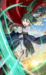 Rule 34 | 1girl, armor, armored boots, black footwear, black gloves, blue pants, boots, breastplate, cape, crusch karsten, floating hair, gloves, green hair, hair between eyes, highres, holding, holding sword, holding weapon, long hair, looking at viewer, official art, pants, ponytail, re:zero kara hajimeru isekai seikatsu, red cape, shoulder armor, solo, sword, thigh boots, thighhighs, v-shaped eyebrows, weapon