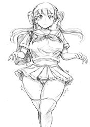 Rule 34 | 1girl, bag, blush, closed mouth, female focus, long hair, midriff, monochrome, navel, original, panties, running, school bag, school uniform, shiina nami, simple background, sketch, solo, thighhighs, thighs, twintails, underwear, white background
