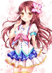 Rule 34 | 10s, 1girl, aozora jumping heart, blush, bow, brown hair, cherry blossoms, collarbone, commentary request, cowboy shot, earrings, flat chest, floral background, flower, frilled skirt, frills, hair flower, hair ornament, hairclip, jewelry, layered skirt, long hair, looking at viewer, love live!, love live! school idol project, love live! sunshine!!, nogi takayoshi, open mouth, orange eyes, petals, pink bow, puffy short sleeves, puffy sleeves, sakurauchi riko, shirt, short sleeves, skirt, smile, solo, standing, thighhighs, very long hair, white background, white shirt, yellow thighhighs