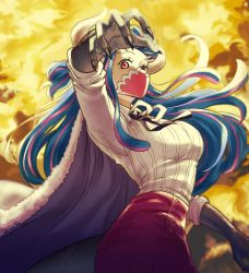 Rule 34 | 1girl, blue hair, breasts, dinosaur girl, dinosaur tail, highres, horns, living (pixiv5031111), long hair, long sleeves, looking at viewer, mask, mouth mask, multicolored hair, one piece, pink hair, solo, striped, tail, two-tone hair, ulti (one piece)