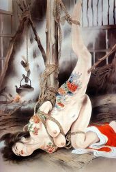 Rule 34 | 1930s (style), 1girl, hanged, japanese clothes, kimono, ozuma kaname yoko, shibari, tattoed women, tattoo, teapot, vintage, yukata