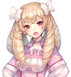Rule 34 | 1girl, blonde hair, bow, buttons, capelet, center frills, crossed bangs, drill hair, earrings, fire emblem, fire emblem awakening, frills, hair bow, head tilt, jewelry, jurge, long hair, maribelle (fire emblem), nintendo, open mouth, pink capelet, red eyes, simple background, solo, v-shaped eyebrows, white background, white bow