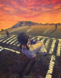 Rule 34 | 1girl, 5others, black hair, city, cloud, cloudy sky, collared shirt, commentary, crosswalk, dutch angle, fisheye, from behind, holding, holding clothes, holding shirt, horizon, long sleeves, low twintails, medium hair, mountain, multiple others, oil painting (medium), orange sky, original, outdoors, painting (medium), road, sailor collar, sailor shirt, scenery, shirt, unworn shirt, sky, skyline, solo focus, standing, street, tokunaga aoi, traditional media, twilight, twintails, white shirt, wide shot
