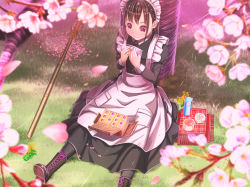 Rule 34 | 1girl, aiuabo, bad perspective, bamboo broom, blurry, blurry foreground, broom, brown hair, cake, cherry blossoms, commentary request, day, food, hanami, maid, maid headdress, original, outdoors, pantyhose, partial commentary, picnic, sitting, solo, spring (season), thermos