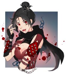 Rule 34 | 1girl, alternate costume, animification, apex legends, black gloves, black hair, black nails, black scarf, blood, blood from mouth, blood splatter, bodysuit, breasts, cleavage, cleavage cutout, clothing cutout, commentary, cuffs, english commentary, fangs, fingerless gloves, gloves, hair behind ear, hair bun, highres, itsaboutspoons, medium breasts, nose piercing, piercing, red bodysuit, red eyes, scarf, shackles, single hair bun, solo, sword earrings, upper body, v, wraith (apex legends)