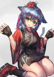 Rule 34 | 1girl, absurdres, animal ears, arknights, black socks, blue hair, blush, cat ears, cat girl, cat tail, china dress, chinese clothes, commentary request, dark blue hair, dress, eyes visible through hair, female focus, fingerless gloves, floral print, gloves, green eyes, grey background, hair ornament, highres, jessica (arknights), jessica (clivia) (arknights), looking at viewer, official alternate costume, outstretched hand, red footwear, short dress, short hair, side slit, simple background, socks, solo, sweatdrop, tail, taku57, thighs, wavy mouth, wide sleeves