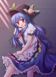 Rule 34 | 1girl, black hat, blue bow, blue hair, blue skirt, blush, bow, buttons, collared shirt, cowboy shot, female focus, food, frilled skirt, frills, fruit, hat, hat ornament, highres, hinanawi tenshi, long hair, looking at viewer, lzh, open mouth, peach, puffy short sleeves, puffy sleeves, red bow, ribbon, sash, shirt, shirt bow, short sleeves, skirt, skirt set, solo, touhou, white shirt