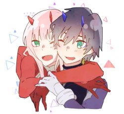 Rule 34 | 10s, 1boy, 1girl, arm around neck, black bodysuit, black hair, blue horns, bodysuit, commentary request, couple, darling in the franxx, fang, gloves, green eyes, hand on another&#039;s arm, hetero, highres, hiro (darling in the franxx), horns, hug, hug from behind, leje39, long hair, one eye closed, oni horns, open mouth, pilot suit, pink hair, red bodysuit, red gloves, red horns, short hair, white gloves, zero two (darling in the franxx)