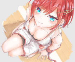 Rule 34 | blue eyes, blush, breasts, cleavage, downblouse, eyelashes, from above, hair ornament, hairpin, highres, large breasts, multicolored eyes, red hair, retang 8, short hair, sitting, smile, sportswear, sweat, wristband