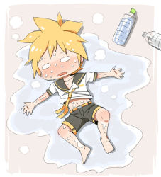 Rule 34 | 1boy, barefoot, blonde hair, blush, bottle, chibi, grimay, kagamine len, male focus, messy hair, navel, necktie, o o, puddle, sailor collar, shorts, solo, steaming body, sweat, nervous sweating, vocaloid, water bottle, yellow necktie