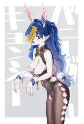 Rule 34 | 1girl, animal ears, bandaged wrist, bandages, bandaid, border, breasts, breasts out, bright pupils, censored, clothing cutout, covered navel, djheycha, heart, heart censor, highres, jiangshi, long hair, lower teeth only, nipple piercing, ofuda, open mouth, original, outstretched arms, piercing, pointy ears, pussy, rabbit ears, rabbit tail, red eyes, sagging breasts, sharp teeth, solo, tail, talisman, teeth, tongue, very long hair, white border, white pupils, zombie pose