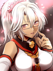 Rule 34 | 1girl, alternate hairstyle, bare shoulders, blush, breasts, cherry blossoms, cosplay, dark-skinned female, dark skin, detached sleeves, eyebrows, glasses, hair between eyes, kantai collection, large breasts, looking at viewer, musashi (kancolle), ponytail, primary stage, red eyes, semi-rimless eyewear, solo, twitter username, white hair, yamato (kancolle), yamato (kancolle) (cosplay)