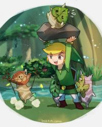 Rule 34 | 1boy, :d, arms up, artist name, blikeeeey, blonde hair, blurry, blurry background, brown footwear, bush, dated, flying sweatdrops, forest, green headwear, happy, highres, korok, link, male focus, nature, nintendo, open mouth, outdoors, pants, river, rock, smile, teeth, the legend of zelda, the legend of zelda: breath of the wild, the legend of zelda: the wind waker, tree, upper teeth only, water, white pants
