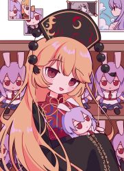 Rule 34 | 1girl, animal ears, black dress, black headwear, black jacket, blonde hair, blow, blue skirt, blue sky, blush, bow, bowtie, carrot, carrot pin, chinese clothes, cloud, crown, doll, dress, fumo (doll), highres, holding, holding doll, holding toy, hugging doll, hugging object, jacket, junko (touhou), long hair, long sleeves, meonjiuikkum, necktie, open mouth, phoenix crown, photo (object), pleated skirt, purple hair, rabbit ears, red eyes, red necktie, red tabard, reisen udongein inaba, shelf, skirt, sky, sleeves past fingers, sleeves past wrists, stuffed toy, tabard, tape, touhou, toy, very long hair, wide sleeves, yellow bow