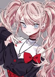 Rule 34 | 1girl, 3j dangan, alternate costume, blue eyes, bow, danganronpa: trigger happy havoc, danganronpa (series), enoshima junko, grey background, highres, jewelry, long hair, looking at viewer, nail polish, necklace, pink hair, red bow, red nails, sketch, smile, solo, twintails, v