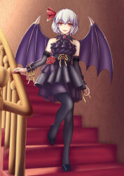 Rule 34 | 1girl, absurdres, alternate costume, bat wings, black dress, black footwear, black pantyhose, breasts, dress, elbow gloves, fang, flower, gloves, hair between eyes, highres, indoors, looking at viewer, medium hair, nail polish, no headwear, off-shoulder shirt, off shoulder, on stairs, open mouth, pantyhose, piaoluo de ying huaban, purple hair, red eyes, red flower, red nails, red rose, remilia scarlet, ribbon, rose, shirt, small breasts, solo, stairs, touhou, walking, wings, yellow ribbon