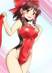 Rule 34 | 1girl, bow, brown eyes, commentary request, competition swimsuit, covered navel, d-m (dii emu), hair bow, hair tubes, hakurei reimu, highres, looking at viewer, one-piece swimsuit, open mouth, red eyes, red one-piece swimsuit, red towel, short hair, smile, solo, swimsuit, touhou, towel