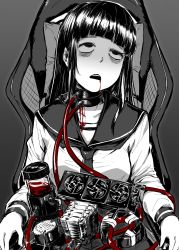 Rule 34 | 1girl, 4shi, bags under eyes, black eyes, black hair, blood, blood drip, blood from mouth, blunt bangs, chair, choker, collarbone, commentary request, computer fan, cooler, electric fan, gaming chair, graphics card, grey background, greyscale, guro, hand fan, heat sink, highres, hime cut, long hair, long sleeves, monochrome, neckerchief, office chair, open mouth, original, rolling eyes, sailor collar, school uniform, shirt, sidelocks, sitting, solo, spot color, swivel chair, tape, white shirt