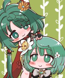 Rule 34 | 2girls, ahoge, black jacket, blunt ends, blush stickers, bow, bowtie, braid, braided bangs, cape, collared shirt, cone hair bun, dot nose, flower, green background, green eyes, green hair, hair bun, hair flower, hair ornament, hand on another&#039;s head, heruka (madoka magica), highres, jacket, leon0510, long hair, looking at another, low twintails, magia record: mahou shoujo madoka magica gaiden, mahou shoujo madoka magica, multiple girls, natsume kako, portrait, red bow, red bowtie, red cape, shirt, short hair, smile, twintails, very long hair, white bow, white bowtie, white flower, yellow flower