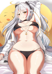 Rule 34 | 1girl, :q, absurdres, antenna hair, arm up, azur lane, bare shoulders, bed sheet, bikini, black bikini, blush, breasts, breasts apart, closed mouth, collarbone, feet out of frame, hair between eyes, highres, jacket, large breasts, long hair, long sleeves, looking at viewer, lying, manjuu (azur lane), moyoron, multicolored hair, navel, off shoulder, on back, open clothes, open jacket, orange eyes, prinz eugen (azur lane), prinz eugen (unfading smile) (azur lane), red hair, silver hair, sleeves past wrists, smile, solo, streaked hair, swimsuit, tongue, tongue out, two side up, very long hair, white jacket