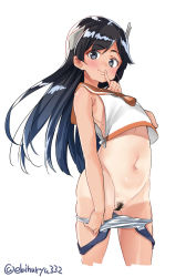 Rule 34 | 1girl, black eyes, blazer, blue hair, blue one-piece swimsuit, closed mouth, clothes pull, crop top, cropped legs, ebifurya, female pubic hair, finger to mouth, gluteal fold, gradient hair, headgear, highres, i-400 (kancolle), jacket, kantai collection, long hair, looking at viewer, multicolored hair, navel, one-piece swimsuit, one-piece swimsuit pull, one-piece tan, orange sailor collar, pubic hair, sailor collar, shirt, simple background, sleeveless, sleeveless shirt, solo, standing, stomach, swimsuit, tan, tanline, tareme, thighs, twitter username, undressing, white background, white shirt