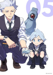 Rule 34 | 2boys, aged down, bag, beldum, black footwear, black legwear, brown footwear, buttons, closed mouth, collared shirt, commentary, creatures (company), father and son, game freak, gen 3 pokemon, gloves, grey hair, highres, holding, joseph stone, looking at object, male focus, multiple boys, necktie, nintendo, pants, pokemon, pokemon (creature), pokemon oras, purple pants, shirt, shoes, shoulder bag, smile, socks, spiked hair, squatting, steven stone, vest, watch, white shirt, wristwatch, xia (ryugo)