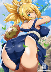 Rule 34 | 1girl, bayeuxman, bent over, blonde hair, blue dress, blue eyes, dr. stone, dress, high ponytail, holding, holding knife, knife, kohaku (dr. stone), looking at viewer, looking back, one eye closed, patreon username, rope belt, shield, shiny clothes, shiny skin, solo, weapon