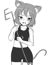 Rule 34 | 1girl, animal ears, bare arms, bike shorts, blush, cowboy shot, dowsing rod, gluteal fold, greyscale, holding, jewelry, midriff, miyo (ranthath), monochrome, mouse ears, mouse tail, nazrin, necklace, open mouth, short hair, simple background, sleeveless, solo, sweat, tail, touhou, white background