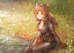 Rule 34 | 10s, 1girl, :o, animal ears, black legwear, black shirt, breasts, brown hair, catsuit, cleavage, day, grass, hippopotamus (kemono friends), hippopotamus ears, kemono friends, koruse, large breasts, long hair, looking at viewer, medium breasts, multicolored hair, outdoors, partially submerged, red eyes, red hair, shirt, sitting, solo, water, wavy hair