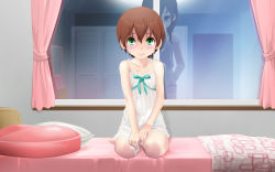 Rule 34 | 1boy, 1girl, babydoll, bare shoulders, bed, blanket, blush, brother and sister, brown hair, camisole, curtains, dress, flat chest, green eyes, highres, indoors, long hair, looking at another, looking at viewer, nipples, original, pajamas, panties, pillow, polka dot, polka dot panties, pov, red eyes, reflection, revision, seiza, short hair, siblings, sitting, sweat, trap, underwear, white dress, window, yuki18r