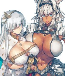 Rule 34 | 2girls, abs, alternate breast size, anastasia (fate), animal ears, blue eyes, breasts, caenis (fate), cape, dark-skinned female, dark skin, doll, fate/grand order, fate (series), hair over one eye, hairband, hand on own hip, huge breasts, jewelry, large breasts, long hair, melon22, multiple girls, muscular, muscular female, pendant, tongue, tongue out, white hair