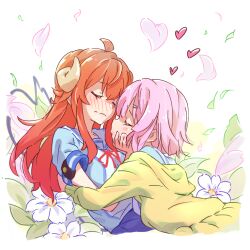 Rule 34 | 2girls, ahoge, arm around waist, blue sailor collar, blue shirt, blush, chiyoda momo, closed eyes, closed mouth, commentary request, curled horns, demon girl, demon horns, embarrassed, falling petals, floral background, flower, from side, hair between eyes, hair ornament, hairclip, hand on another&#039;s chin, heart, highres, hood, hood down, hoodie, horns, hug, icorasama, leaf, leaning forward, long hair, long sleeves, machikado mazoku, multiple girls, nose blush, petals, pink hair, profile, puckered lips, red hair, rejected kiss, sailor collar, school uniform, serafuku, shirt, short hair, short sleeves, sidelocks, simple background, split mouth, upper body, white background, white flower, yellow hoodie, yoshida yuuko (machikado mazoku), yuri