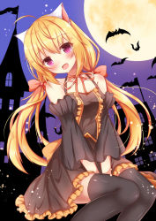 Rule 34 | 1girl, :d, ahoge, animal, animal ears, bare shoulders, bat (animal), between legs, black dress, black sleeves, black thighhighs, blonde hair, blush, bow, cat ears, collarbone, commentary request, detached sleeves, dress, frilled dress, frills, full moon, hair between eyes, hair bow, halloween, hand between legs, head tilt, kedama (kedama akaza), long hair, long sleeves, low twintails, moon, neck ribbon, open mouth, original, purple eyes, red bow, red ribbon, ribbon, sitting, smile, solo, thighhighs, twintails, very long hair