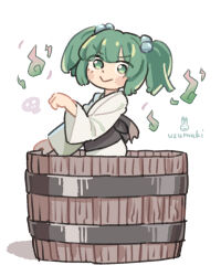 1girl :&gt; blush_stickers bucket commentary_request from_side green_eyes green_hair hair_bobbles hair_ornament highres in_bucket in_container japanese_clothes kimono kisume long_sleeves looking_at_viewer obi sash short_hair signature simple_background solo touhou twintails uzumaki_osushi white_background white_kimono wide_sleeves