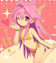Rule 34 | 1girl, armpit crease, barefoot, bikini, blowing kiss, borrowed character, bracelet, collarbone, commentary request, dragon horns, flat chest, gold bikini, heart, horns, jewelry, looking at viewer, metata, navel, one eye closed, open mouth, original, pearl bracelet, petite, pink eyes, pink hair, pointy ears, solo, standing, standing on one leg, star (symbol), star in eye, suzuka sutera (axiacid), swimsuit, symbol in eye, translation request, yellow bikini