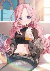 Rule 34 | 1girl, animal print, belt, belt buckle, black belt, black sweater, blush, breasts, buckle, closed mouth, commentary request, crop top, cup, drinking straw, earrings, forehead, grey jacket, grey pants, highres, holding, holding cup, indoors, jacket, jewelry, leopard print, long hair, long sleeves, looking at viewer, medium breasts, midriff, momoshiki tsubaki, nail polish, navel, nijisanji, off shoulder, pants, pink hair, print jacket, puffy long sleeves, puffy sleeves, purple eyes, rainbow, ribbed sweater, sleeves past wrists, smile, solo, sunlight, suo sango, sweater, torn clothes, torn pants, very long hair, virtual youtuber, white nails, window