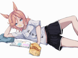 Rule 34 | 1girl, alternate costume, animal ears, blue eyes, blush, book, brown hair, casual, chips (food), eating, food, food in mouth, hair between eyes, highres, horse ears, horse girl, low twintails, medium hair, peperoncino-sama, reading, short twintails, shorts, solo, twintails, umamusume, venus paques (umamusume), white background