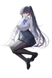 Rule 34 | 1girl, absurdres, black footwear, black hair, black skirt, blue bow, blue bowtie, blush, bow, bowtie, breasts, closed mouth, full body, grey shirt, hair ribbon, high-waist skirt, highres, invisible chair, large breasts, lekou, loafers, long hair, long sleeves, looking at viewer, original, pantyhose, pleated skirt, purple eyes, red ribbon, ribbon, shirt, shoes, simple background, sitting, skirt, solo, very long hair, white background