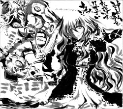 Rule 34 | 1girl, absurdres, beads, cape, contrapposto, crossover, cvs, dress, frilled dress, frills, gradient hair, greyscale, hair over one eye, hidden eyes, highres, hijiri byakuren, jojo no kimyou na bouken, layered dress, long hair, looking at viewer, made in heaven (stand), monochrome, multicolored hair, one eye covered, prayer beads, simple background, standing, stone ocean, touhou, wavy hair, white background