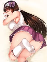 Rule 34 | 1girl, absurdres, ass, bent over, blunt bangs, blush, breasts, brown hair, embarrassed, fate/grand order, fate (series), hairband, highres, large breasts, long hair, lying, miniskirt, on stomach, open mouth, osakabehime (fate), panties, purple eyes, purple skirt, red-framed eyewear, sabujiroko, shirt, skirt, sleeveless, sleeveless shirt, solo, twintails, underwear, very long hair, white panties, white shirt