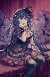 Rule 34 | 1girl, absurdres, birthday, black hair, breasts, choker, commentary, commentary request, dated, dress, frilled dress, frills, grey eyes, hair ornament, hat, heart, heart hair ornament, highres, long hair, looking at viewer, love live!, love live! nijigasaki high school idol club, medium breasts, one side up, ootato, partial commentary, sidelocks, signature, sitting, solo, very long hair, yada (love live!), yuki setsuna (love live!)