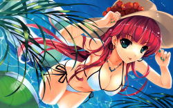 Rule 34 | 1girl, :p, bikini, breasts, cleavage, dutch angle, earrings, green eyes, green nails, hat, highres, hoop earrings, jewelry, long hair, misaki kurehito, nail polish, necklace, original, red hair, side-tie bikini bottom, solo, submerged, swimsuit, tongue, tongue out, wading, wallpaper, water, wet