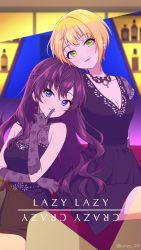 Rule 34 | 2girls, agata (agatha), ahoge, bad id, bad pixiv id, bare shoulders, black dress, black gloves, blonde hair, blue eyes, blush, braid, breasts, brown hair, cleavage, collarbone, commentary request, crazy crazy (idolmaster), dress, drop earrings, earrings, elbow gloves, eyelashes, finger to mouth, floral print, french braid, gloves, green eyes, hair between eyes, highres, ichinose shiki, idolmaster, idolmaster cinderella girls, idolmaster cinderella girls starlight stage, index finger raised, jewelry, lazy lazy (idolmaster), long hair, looking at viewer, medium breasts, miyamoto frederica, multiple girls, parted lips, see-through, see-through cleavage, short hair, sitting, smile, stenciled rose, wavy hair