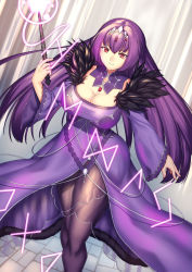 Rule 34 | 1girl, breasts, cleavage, dress, fate/grand order, fate (series), fur trim, hair between eyes, highres, jewelry, large breasts, long hair, looking at viewer, pantyhose, purple dress, purple hair, red eyes, runes, scathach (fate), scathach skadi (fate), smile, solo, tiara, wand, yui sora