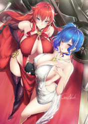 Rule 34 | 2girls, ahoge, alternate costume, azur lane, backless dress, backless outfit, bag, bare shoulders, black gloves, blue eyes, blue hair, blue nails, breasts, car, center opening, cleavage, covered erect nipples, criss-cross halter, crossed bangs, crossover, dress, earrings, elbow gloves, evening gown, female focus, foreshortening, from above, gainoob, gem, gloves, hair between eyes, hair ornament, hairclip, halter dress, halterneck, handbag, high school dxd, highres, hikasa youko, huge breasts, jewelry, long hair, looking at viewer, looking up, motor vehicle, multiple girls, nail polish, navel, necklace, no bra, official alternate costume, pink eyes, plunging neckline, purple gloves, red carpet, red dress, red gemstone, red hair, revealing clothes, rias gremory, side ponytail, sidelocks, signature, silver dress, sleeveless, sleeveless dress, st. louis (azur lane), st. louis (luxurious wheels) (azur lane), thighs, tongue, tongue out, voice actor connection