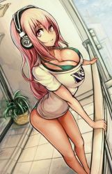 Rule 34 | 1girl, :o, balcony, bikini, breasts, cleavage, evan yang, headphones, highres, large breasts, long hair, looking at viewer, nitroplus, pink eyes, pink hair, solo, strap gap, super sonico, swimsuit, swimsuit under clothes