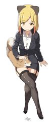 Rule 34 | 1girl, absurdres, animal ears, bad id, bad twitter id, black jacket, black skirt, black thighhighs, blazer, blonde hair, breasts, buttons, cat ears, cloba, flower, full body, garter straps, hair flower, hair ornament, highres, inactive account, jacket, long sleeves, looking at another, medium breasts, original, pencil skirt, pink flower, shiba inu, shirt, short hair, simple background, sitting, skirt, smile, solo, teacher, thighhighs, white background, white shirt, yellow eyes