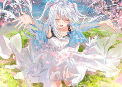 Rule 34 | 1girl, :d, blush, cherry blossoms, dress, closed eyes, hair ornament, highres, long hair, mirin boshi, open mouth, original, petals, smile, two side up, white dress, white hair